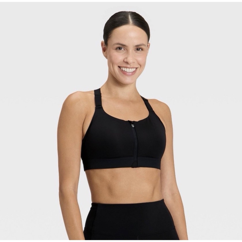 All in Motion Women's High Support Zip Front Sports Bra Black Size 36D- NWT